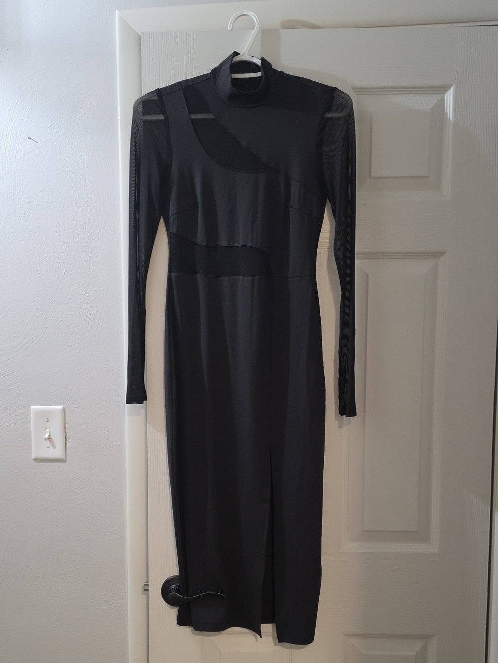 Express Black Long Sleeve Mesh-Paneled Midi Dress